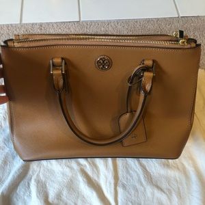 Tan and gold Tory Burch tote bag
